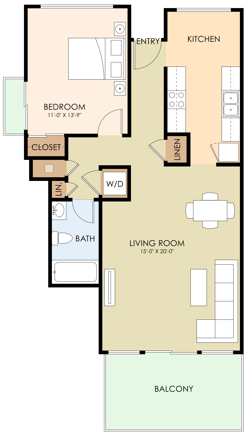 Floor plan for 1 bed, 1 bath, 753 sqft